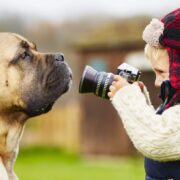 a little boy takes a picture of his dog