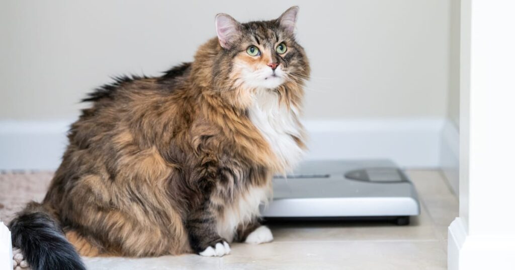 obese cat next to scale. pet obesity