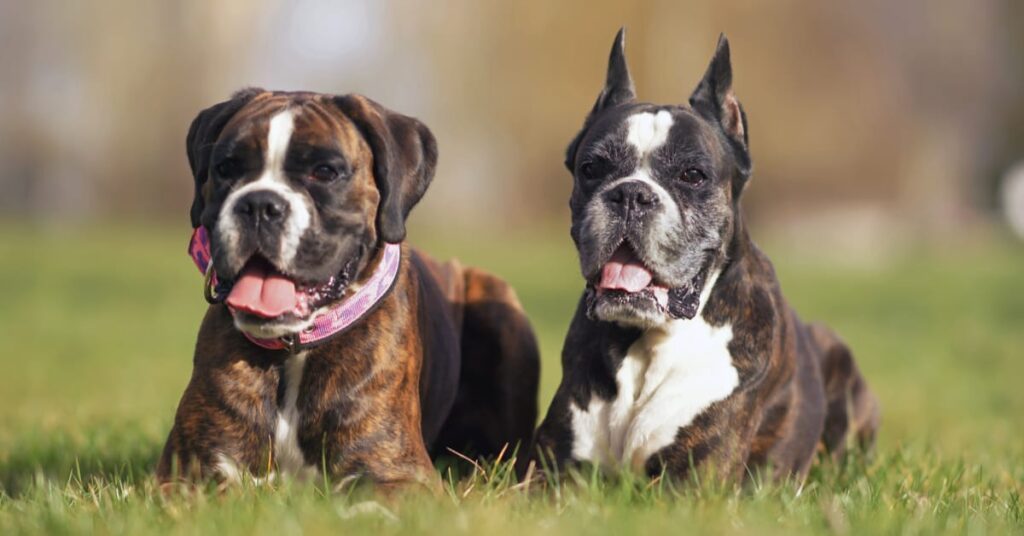 one natural dog anbd one dog with cropped ears lying on the grass. ear cropping