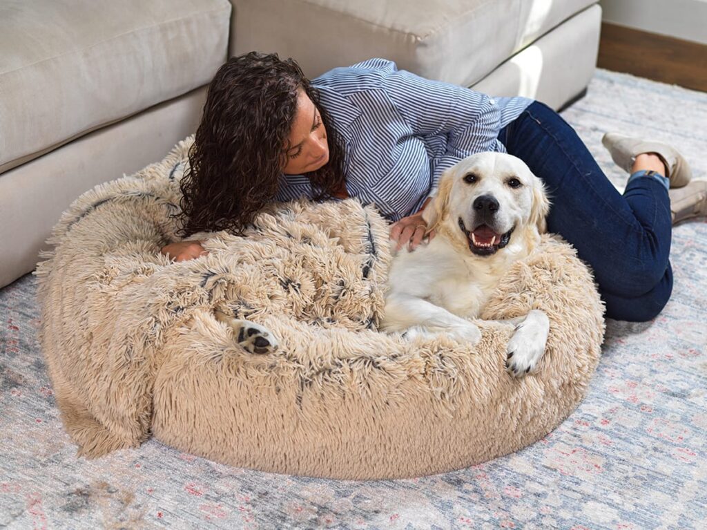human cuddling with dog