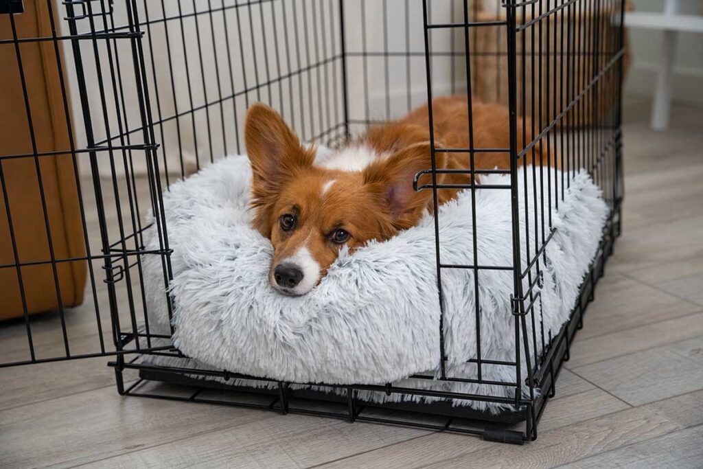 corgi in a crate